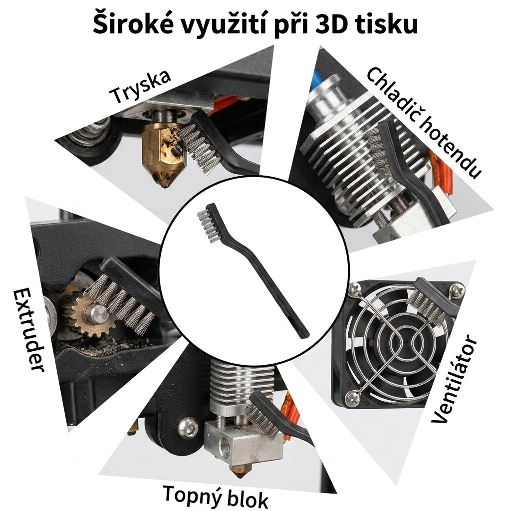 Einsatz der Drahtbürste beim Reinigen des 3D Druckers, Düse, Hotend Kühler, Lüfter, Heizblock und Extruder