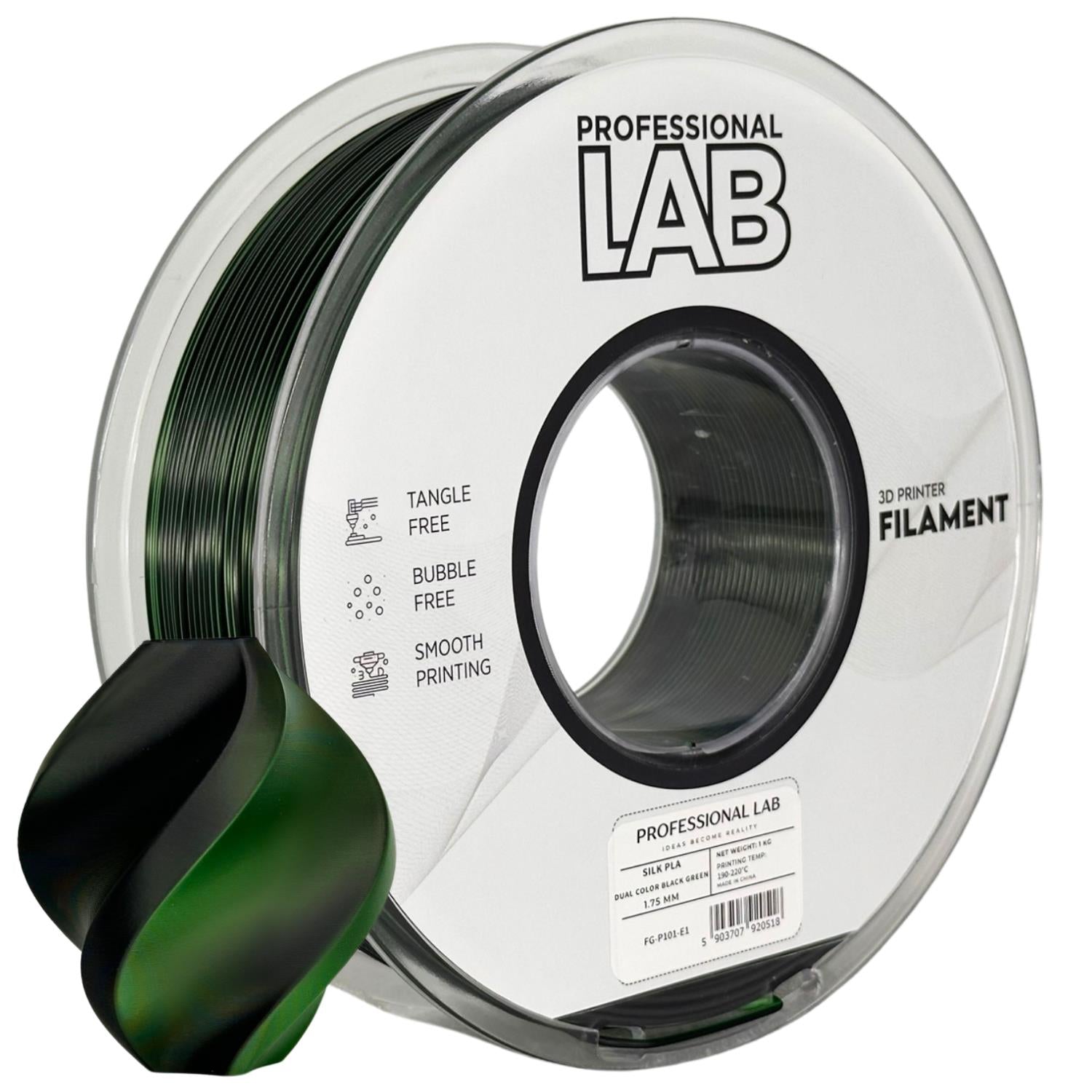 Silk PLA Zweifarbig Schwarz Grün Filament Spule, Prof. Lab, 1,75 mm