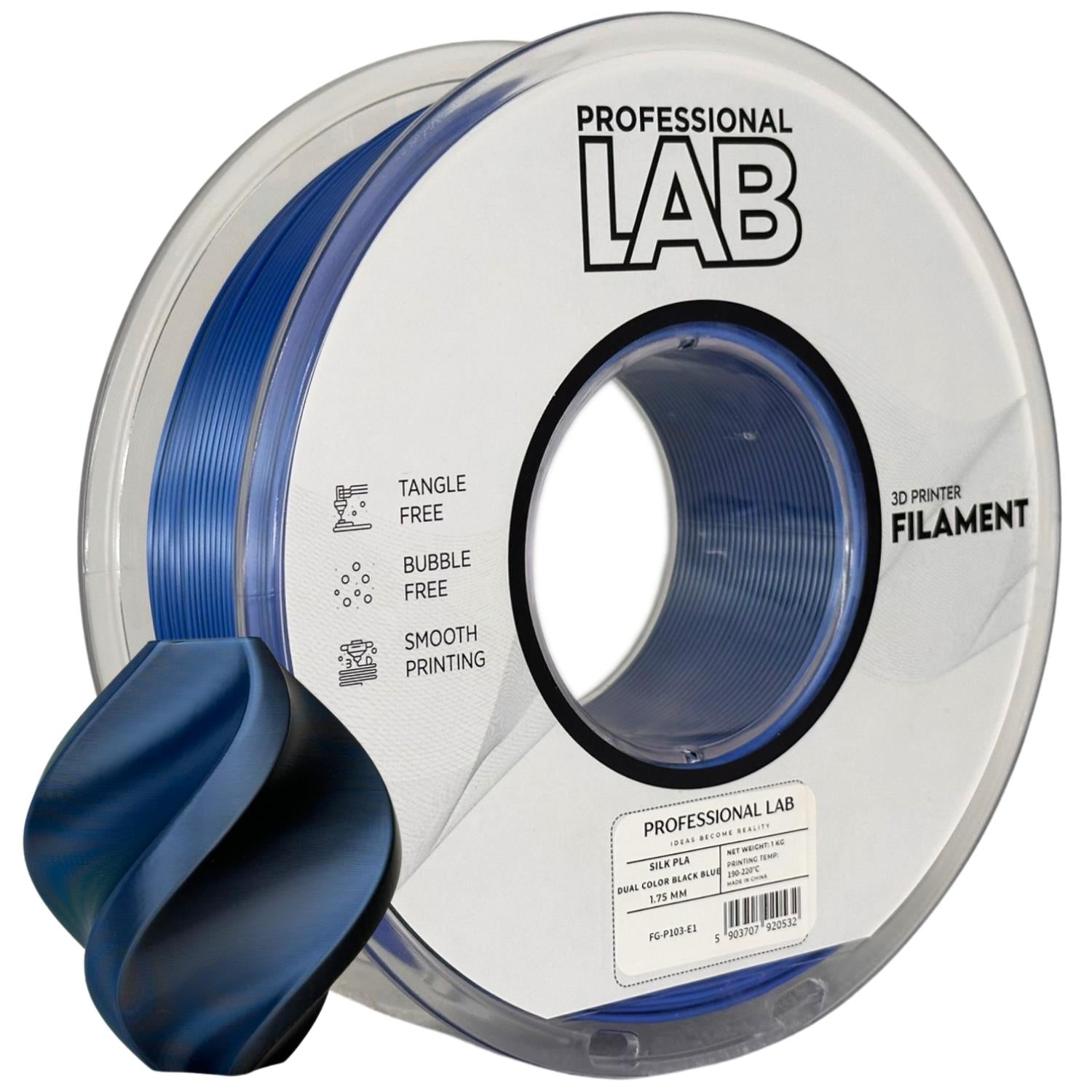 Silk PLA Zweifarbig Schwarz Blau Filament Spule, Prof. Lab, 1,75 mm