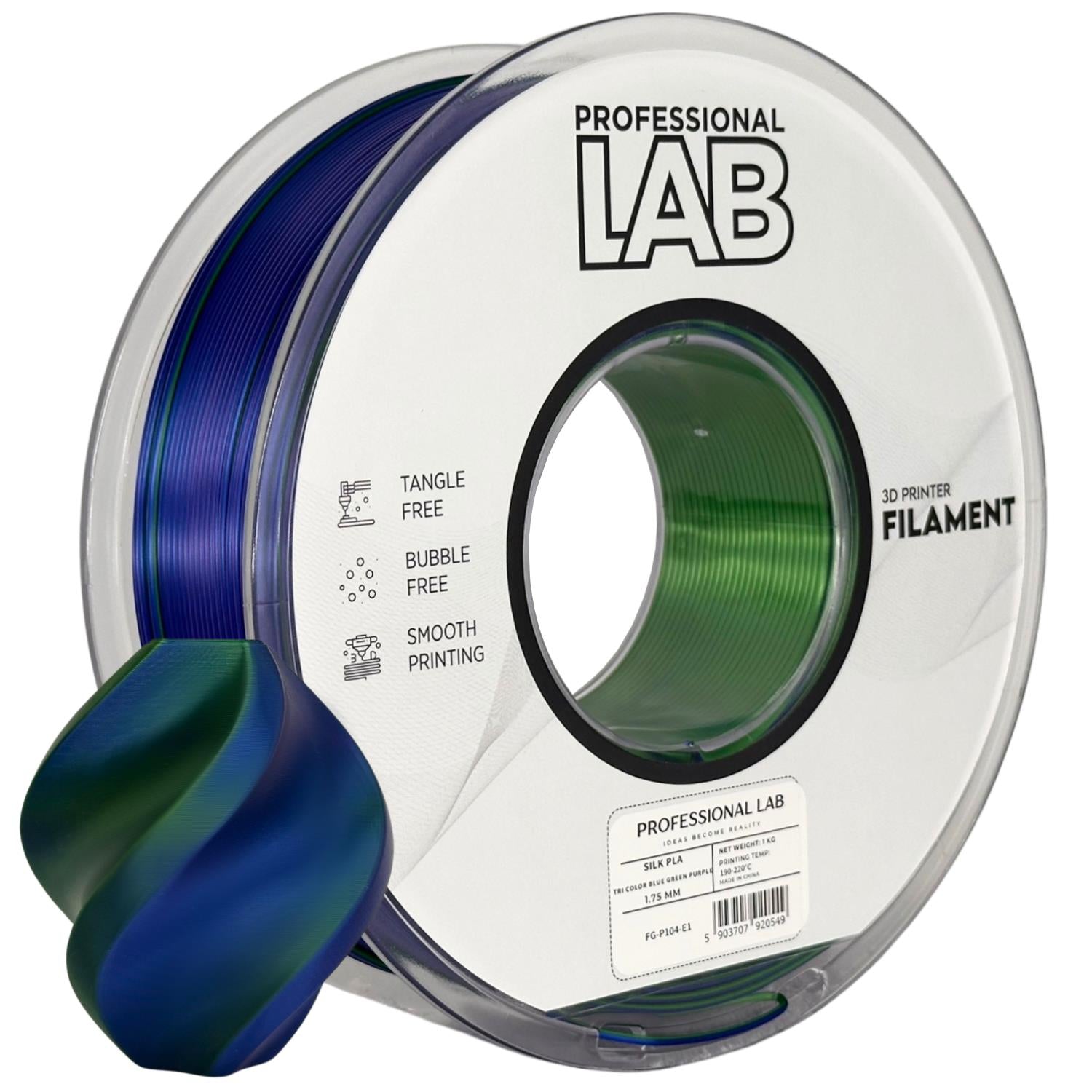 Seide PLA Dreifarbig Blau Grün Lila Filament Spule, Prof. Lab, 1,75 mm