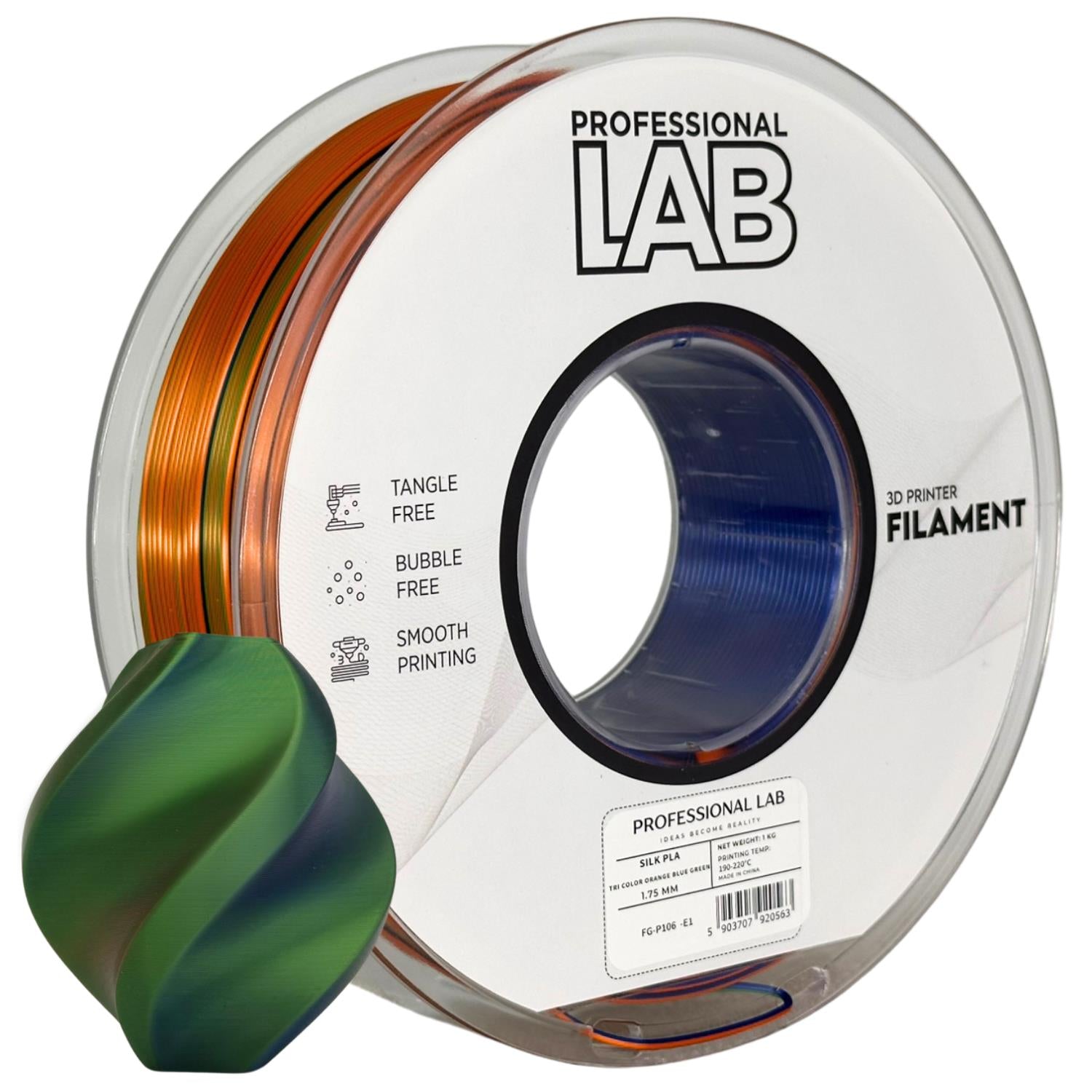 Seide PLA Dreifarbig Orange Blau Grün Filament Spule, Prof. Lab, 1,75 mm