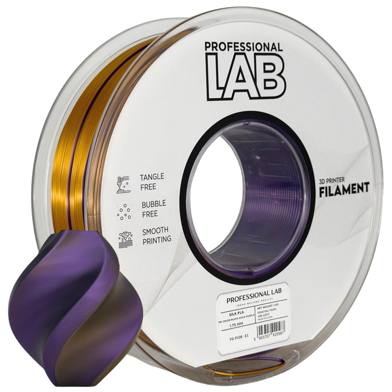 Seide PLA Dreifarbig Schwarz Gold Lila Filament Spule, Prof. Lab, 1,75 mm