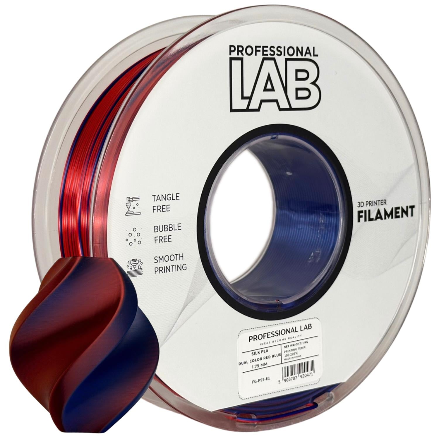 Silk PLA Zweifarbig rot-blau Filament Spule, Prof. Lab, 1,75 mm