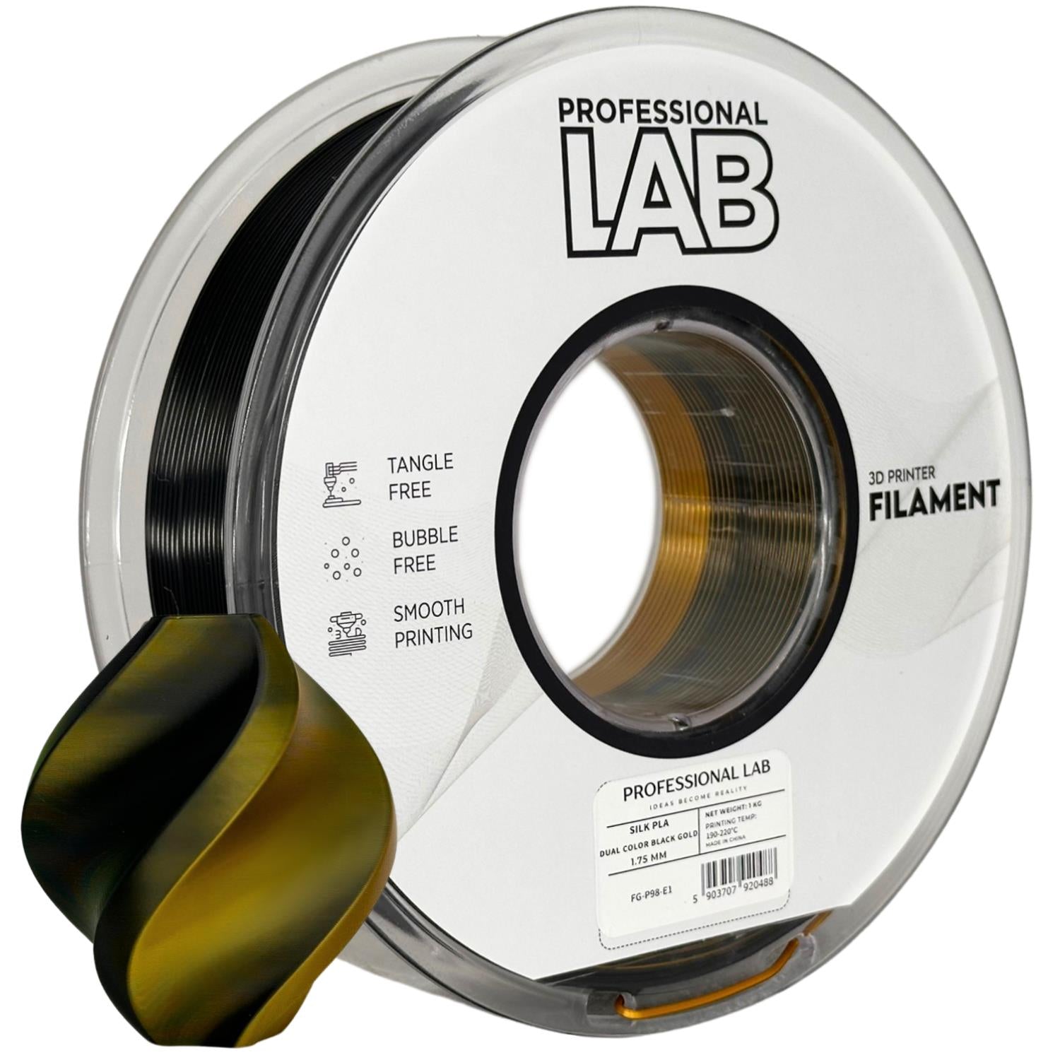 Silk PLA Zweifarbig Schwarz Gold Filament Spule, Prof. Lab, 1,75 mm