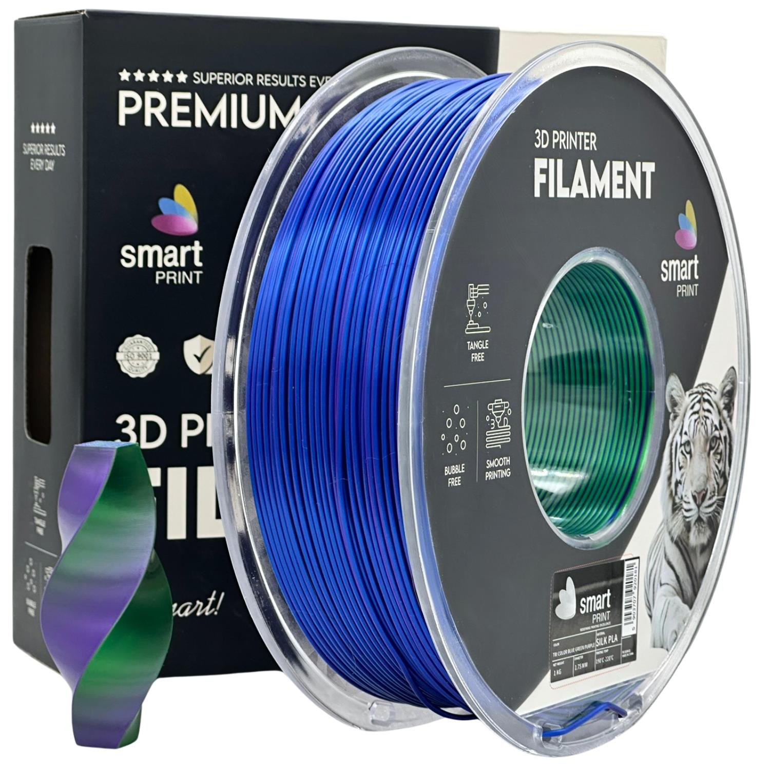 Silk PLA Dreifarbig Blau Grün Lila Filament Spule, Smart Print, 1,75 mm