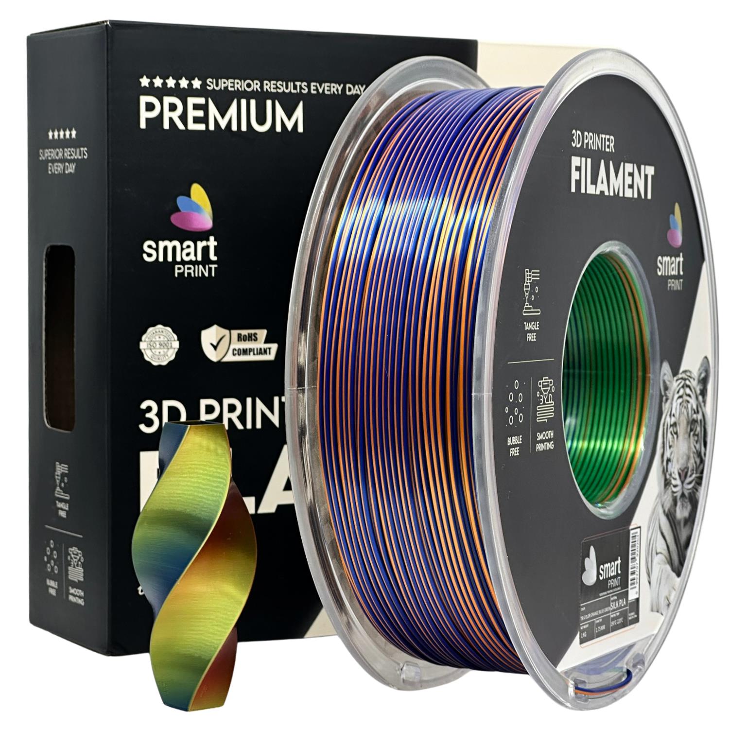 Silk PLA Dreifarbig Orange Blau Grün Filament Spule, Smart Print, 1,75 mm