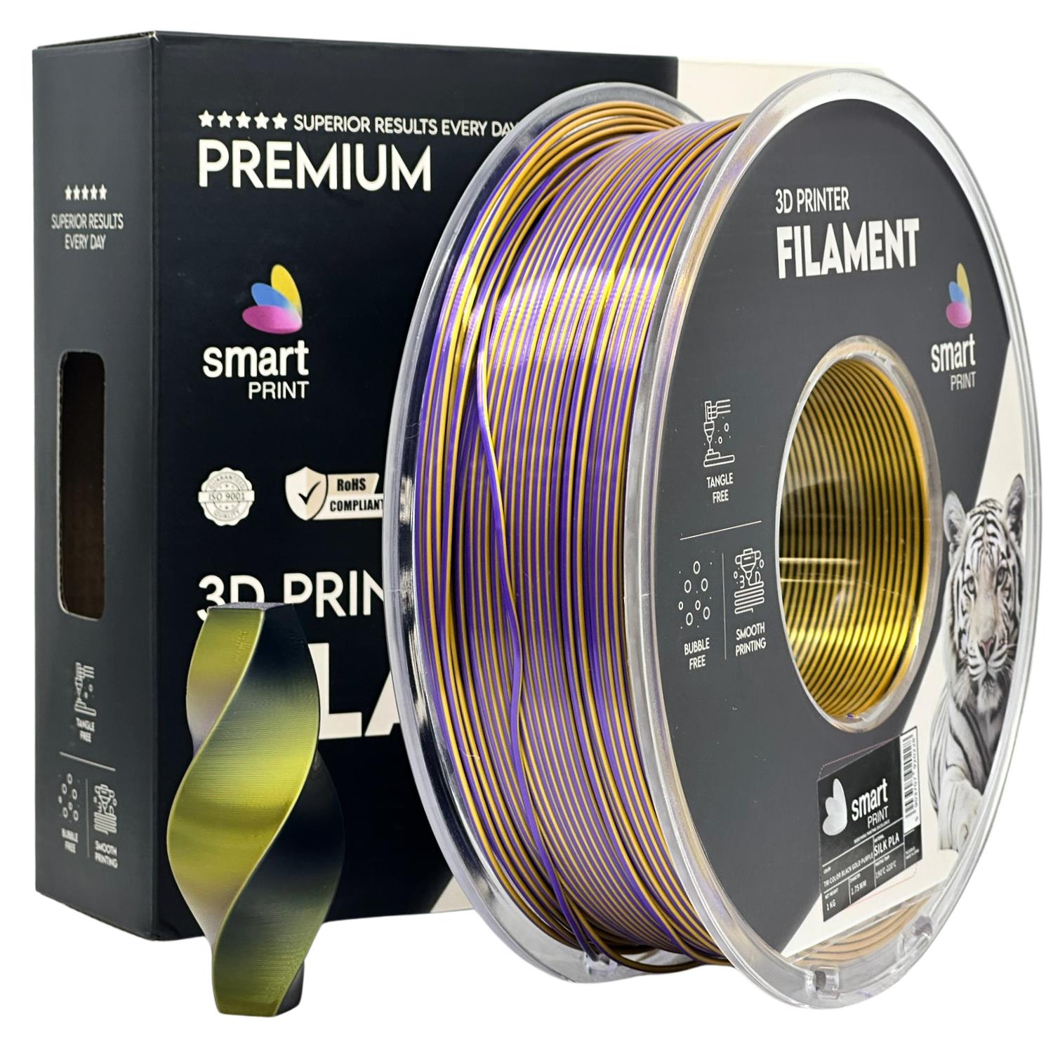 Silk PLA Dreifarbig Schwarz Gold Lila Filament Spule, Smart Print, 1,75 mm
